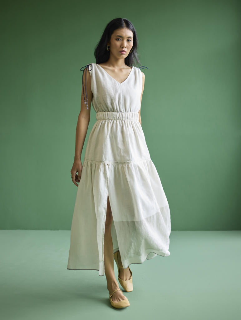 Aria Metallic Linen Dress - Ivory linen by Manan in ivory color for women Worldwide