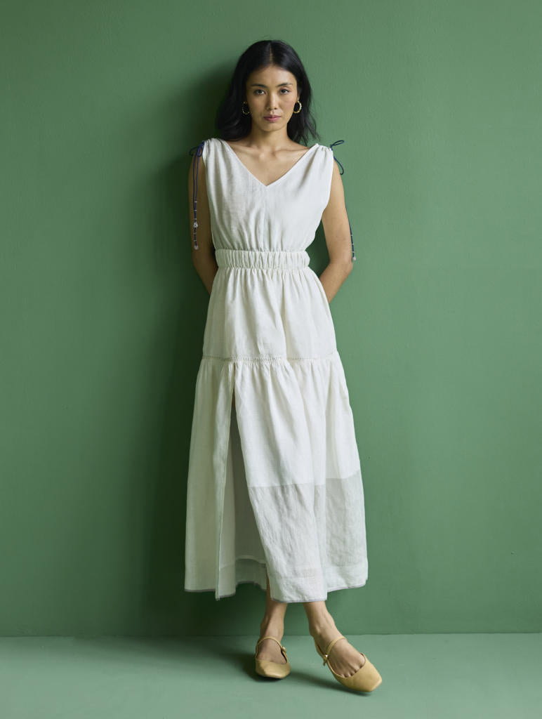 Aria Metallic Linen Dress - Ivory linen by Manan in ivory color for women Worldwide