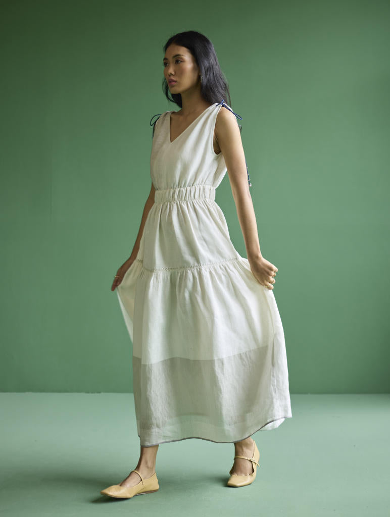 Aria Metallic Linen Dress - Ivory linen by Manan in ivory color for women Worldwide