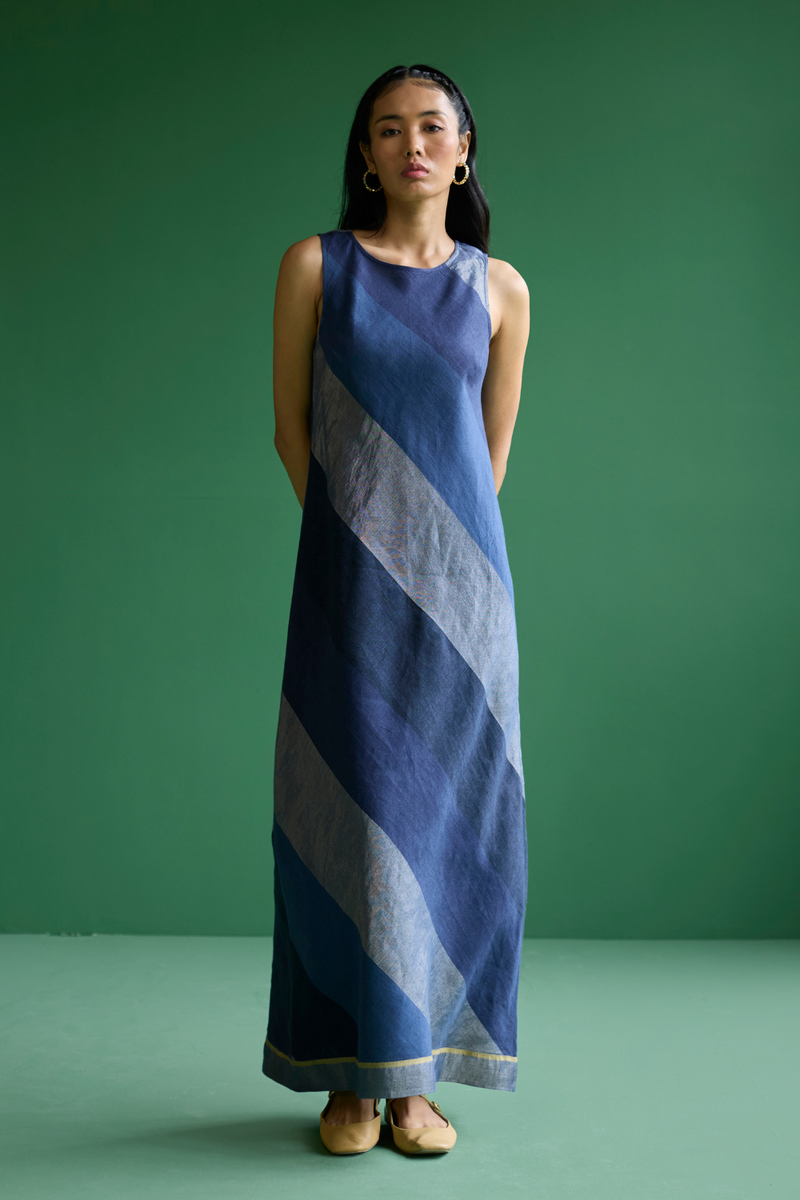 Akito Bias Linen Stripe Dress - Navy linen by Manan in navy color for women Worldwide