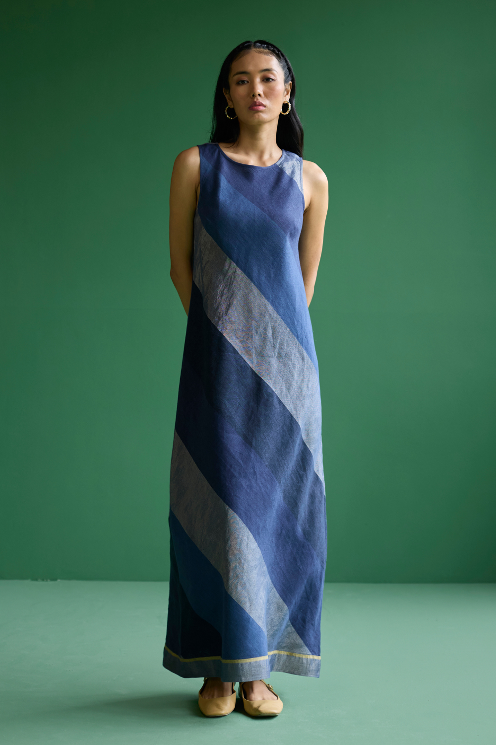 Akito Bias Linen Stripe Dress - Navy