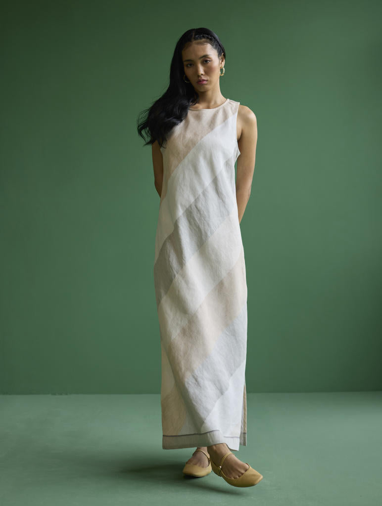 Akito Bias Linen Stripe Dress - Ivory linen by Manan in ivory color for women Worldwide