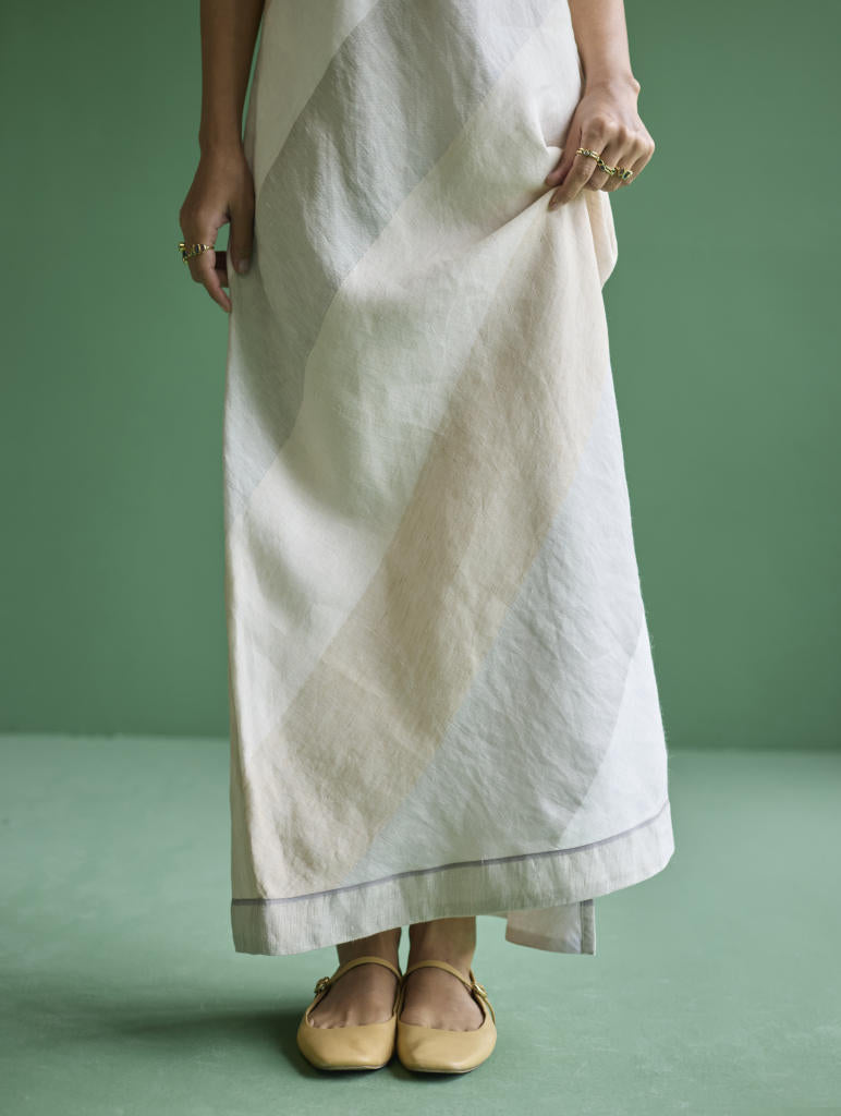Akito Bias Linen Stripe Dress - Ivory linen by Manan in ivory color for women Worldwide