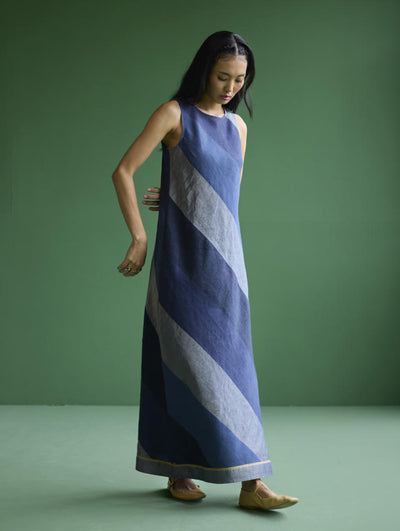 Akito Bias Linen Stripe Dress - Navy