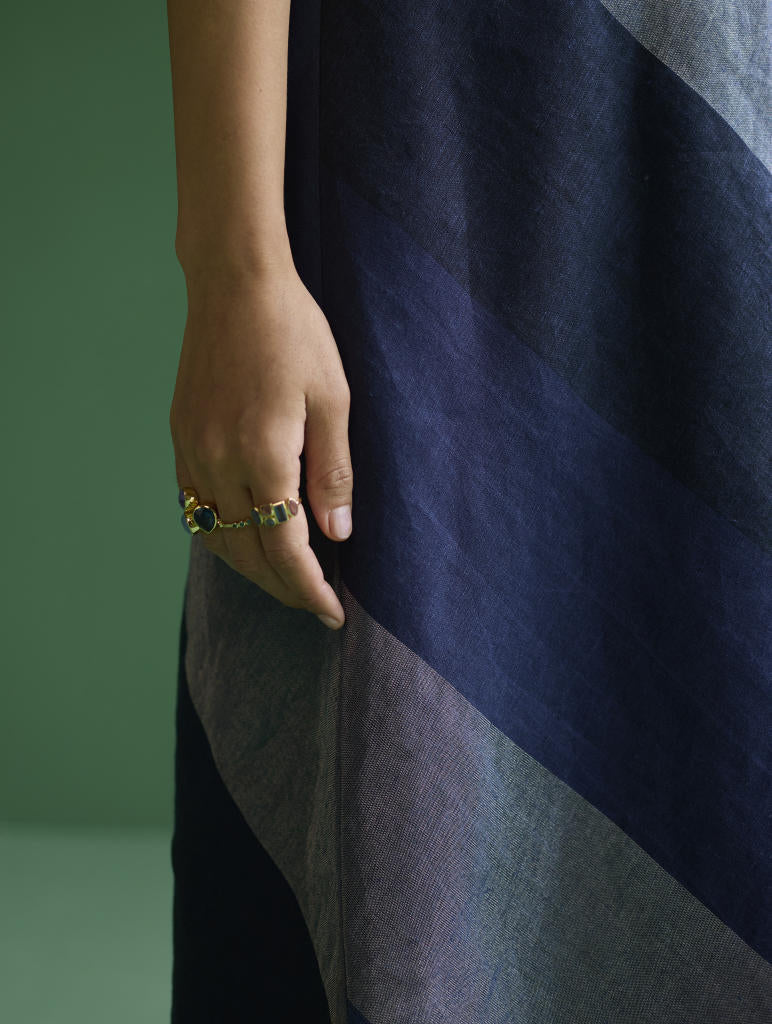 Akito Bias Linen Stripe Dress - Navy linen by Manan in navy color for women Worldwide