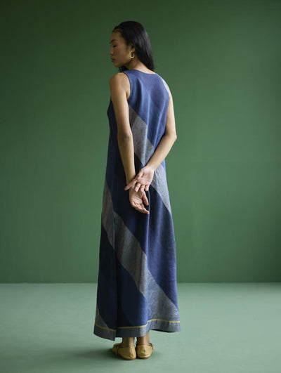 Akito Bias Linen Stripe Dress - Navy