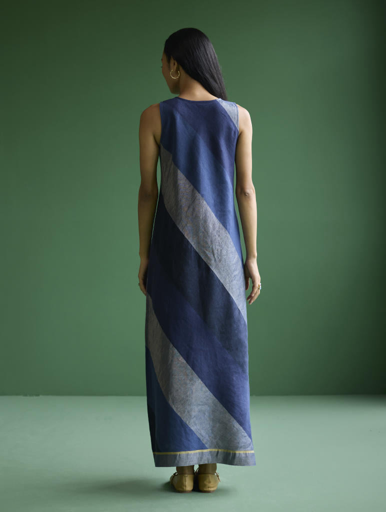 Akito Bias Linen Stripe Dress - Navy linen by Manan in navy color for women Worldwide
