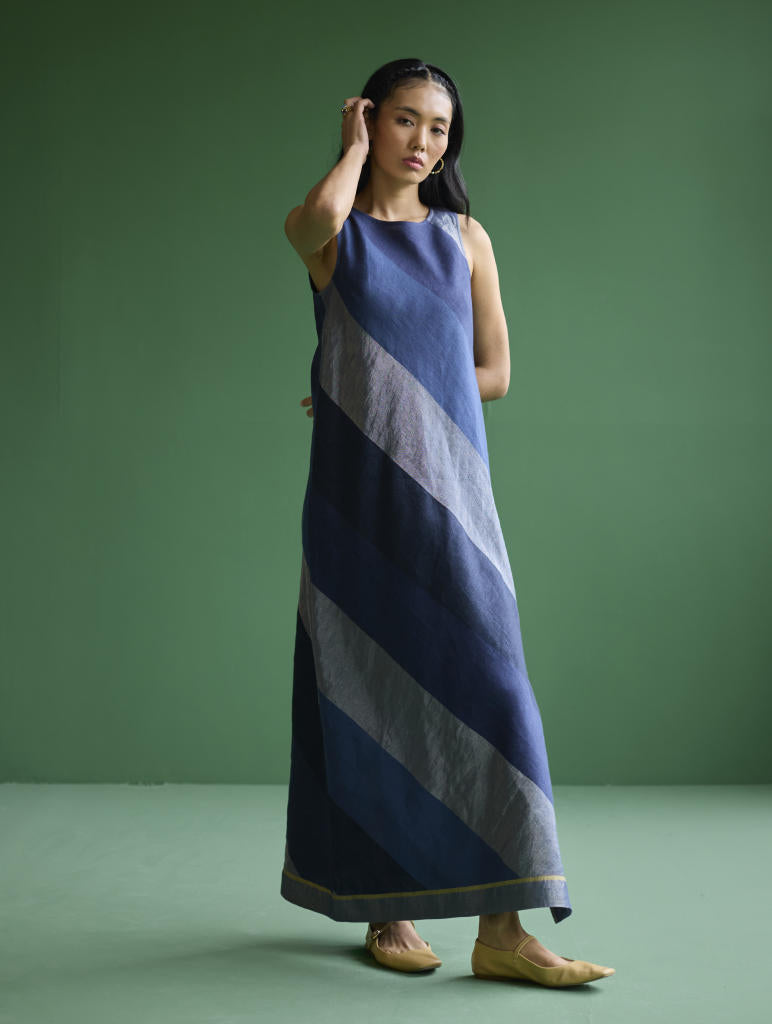 Akito Bias Linen Stripe Dress - Navy linen by Manan in navy color for women Worldwide