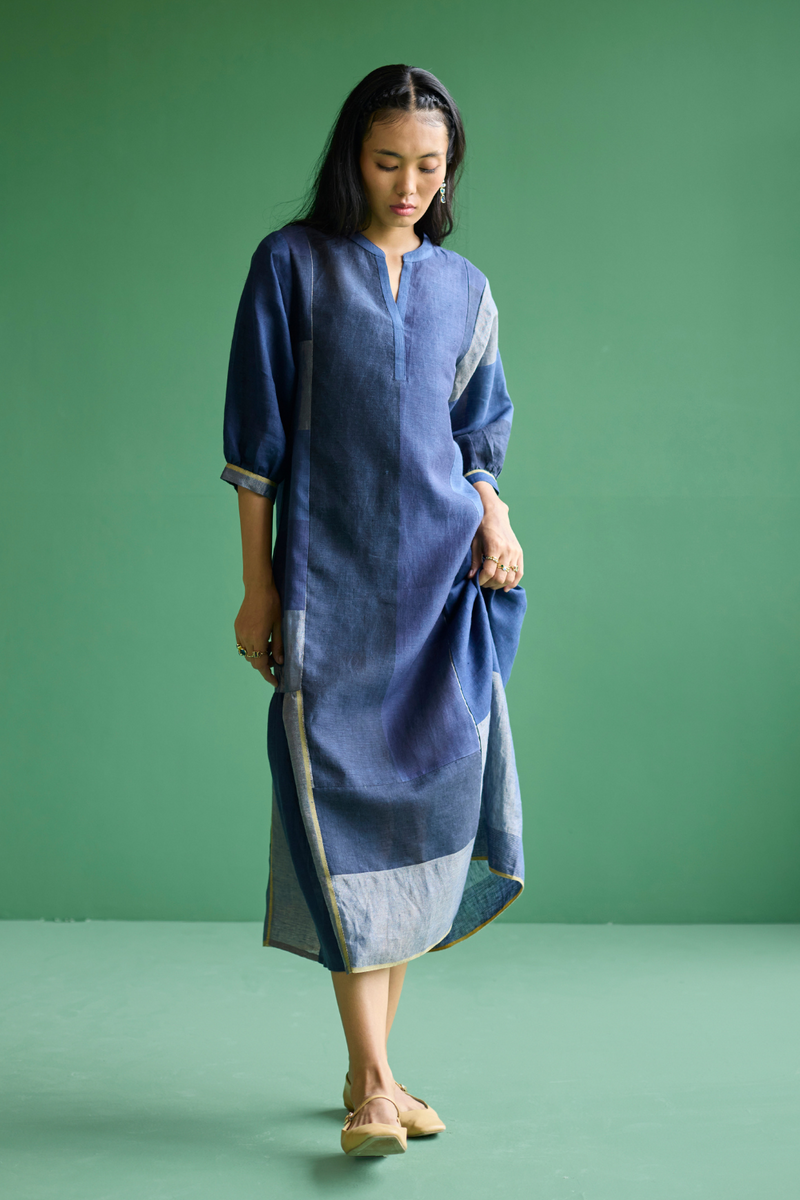 Nura Metallic Linen Paneled Dress - Navy linen by Manan in navy color for women Worldwide