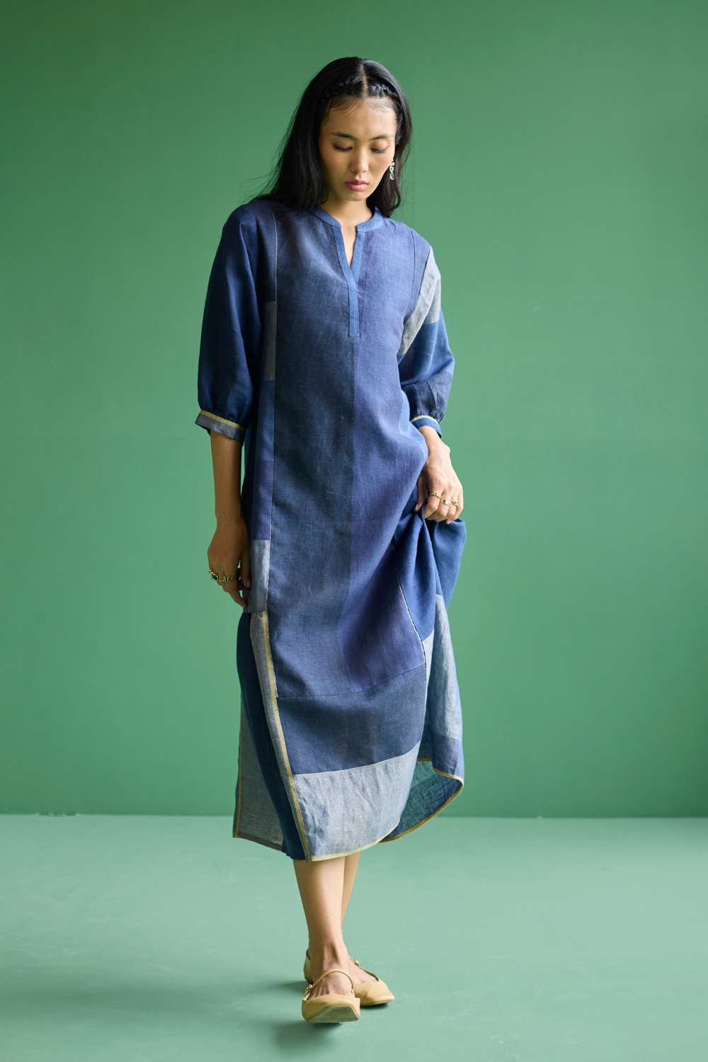 Nura Metallic Linen Paneled Dress - Navy