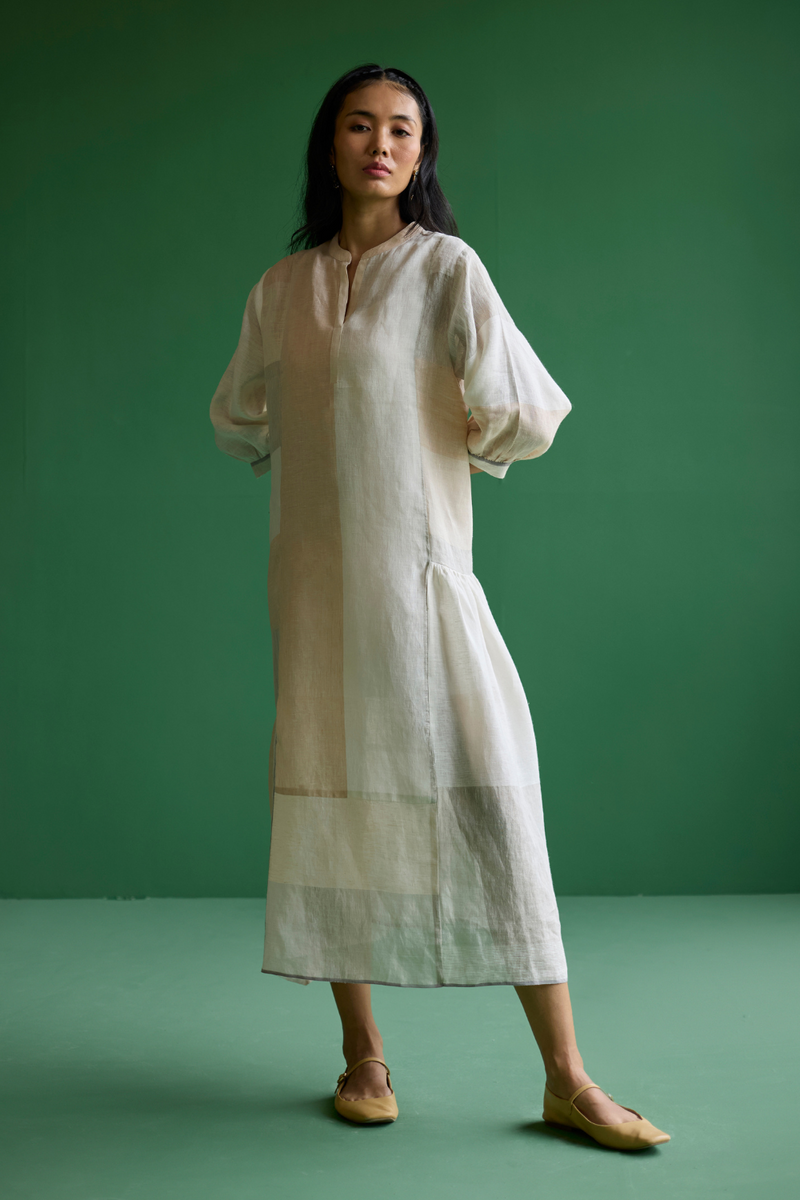 Nura Metallic Linen Paneled Dress - Ivory linen by Manan in ivory color for women Worldwide