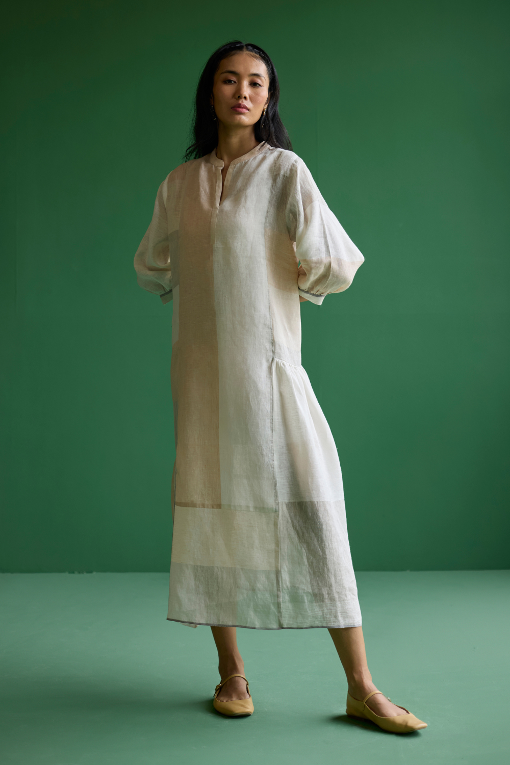 Nura Metallic Linen Paneled Dress - Ivory