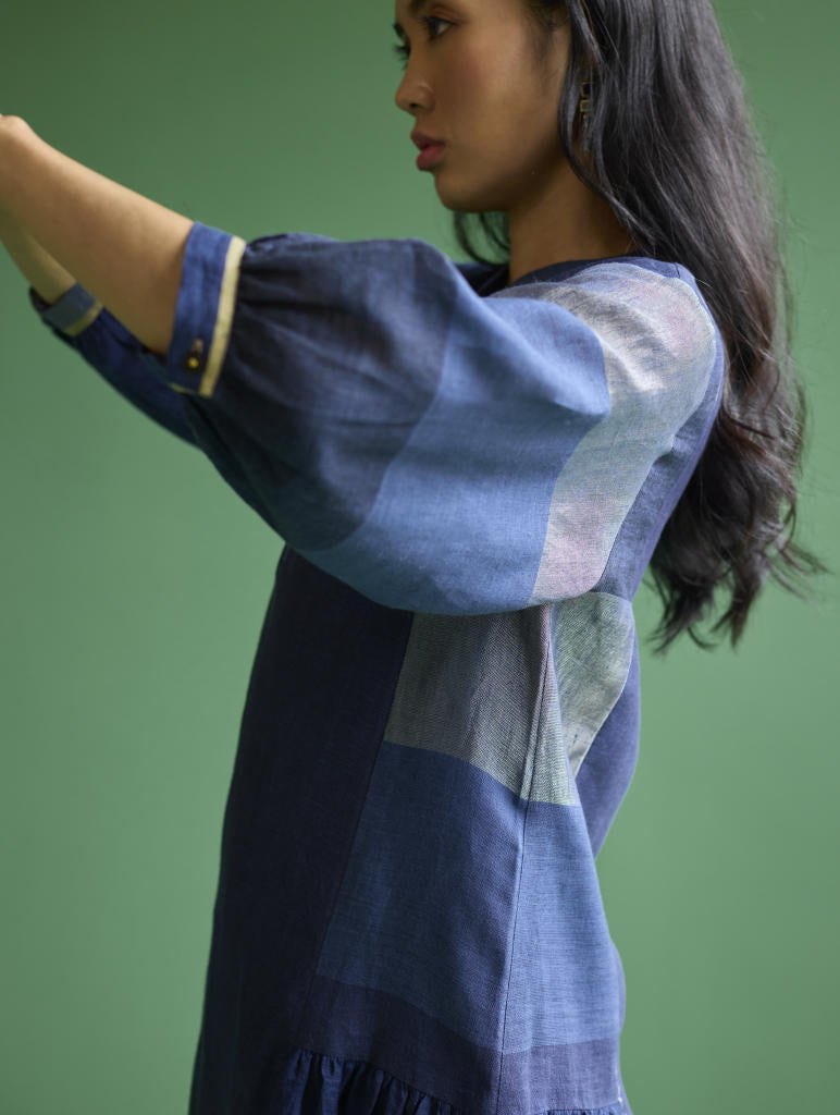 Nura Metallic Linen Paneled Dress - Navy linen by Manan in navy color for women Worldwide