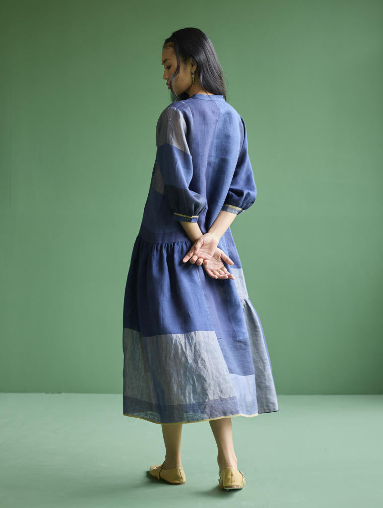 Nura Metallic Linen Paneled Dress - Navy linen by Manan in navy color for women Worldwide