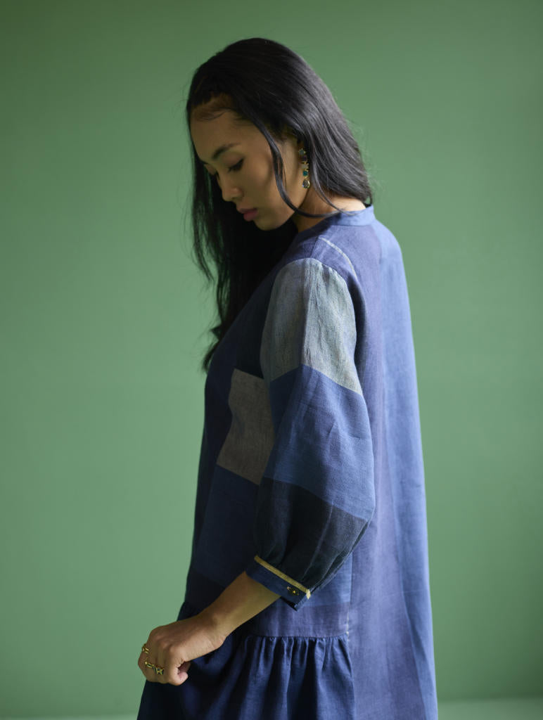 Nura Metallic Linen Paneled Dress - Navy linen by Manan in navy color for women Worldwide