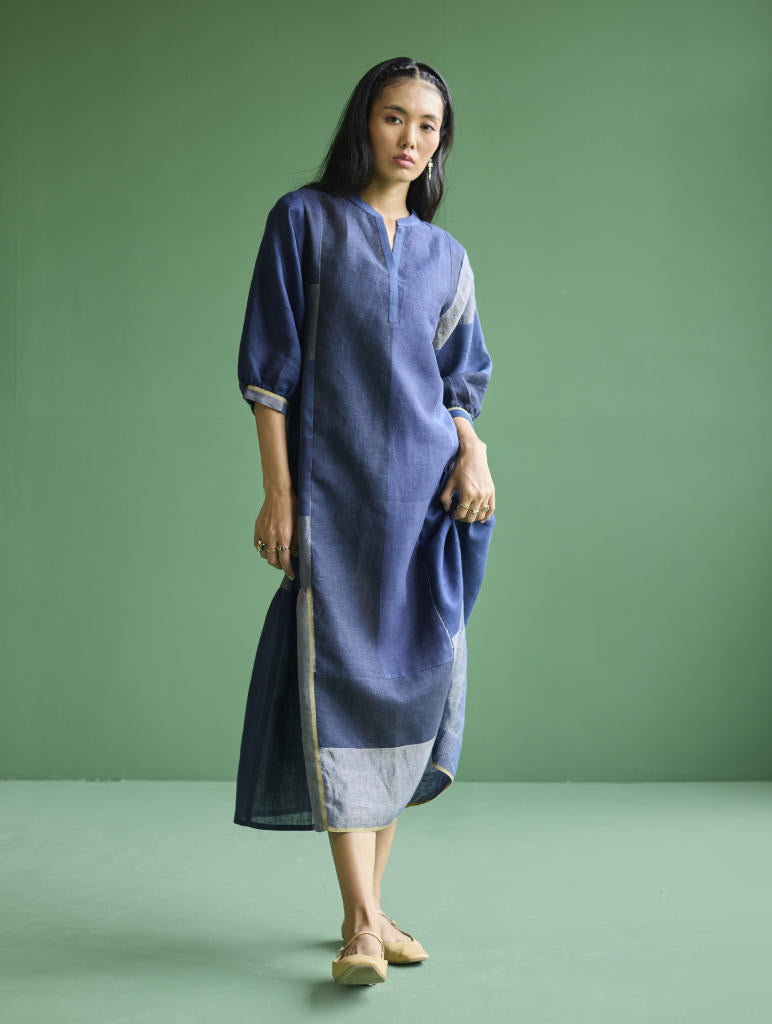 Nura Metallic Linen Paneled Dress - Navy linen by Manan in navy color for women Worldwide