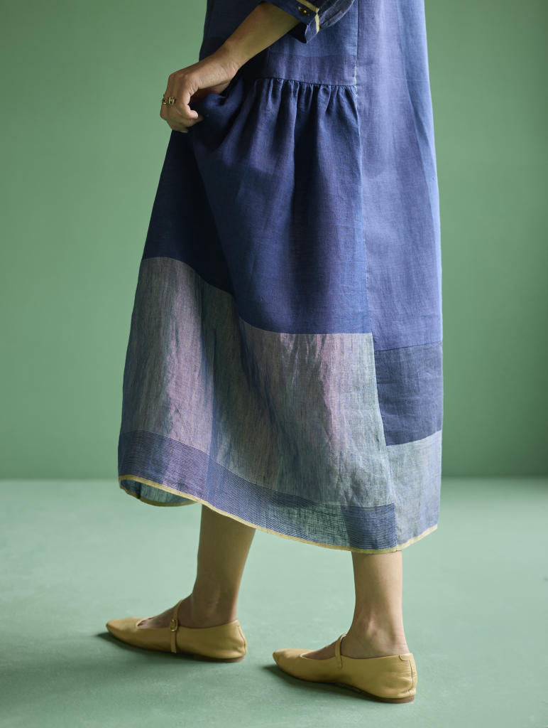 Nura Metallic Linen Paneled Dress - Navy linen by Manan in navy color for women Worldwide