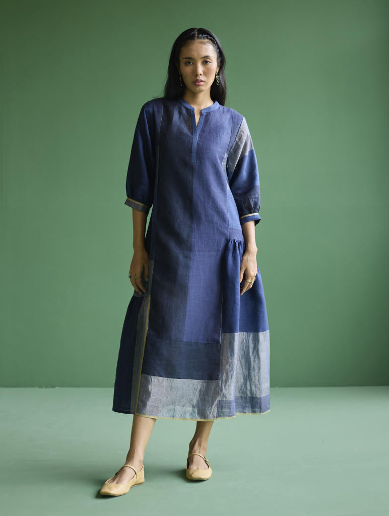 Nura Metallic Linen Paneled Dress - Navy linen by Manan in navy color for women Worldwide