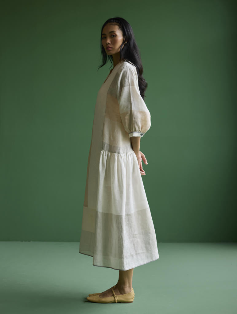 Nura Metallic Linen Paneled Dress - Ivory linen by Manan in ivory color for women Worldwide
