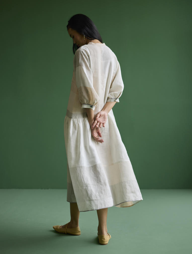 Nura Metallic Linen Paneled Dress - Ivory linen by Manan in ivory color for women Worldwide