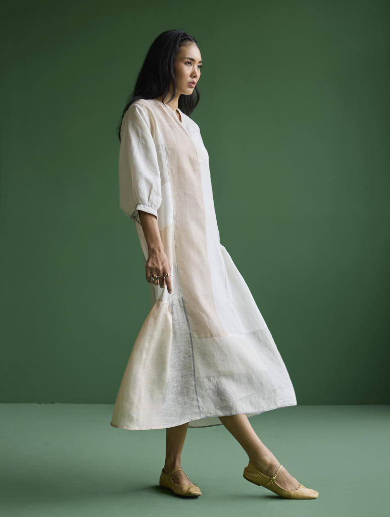 Nura Metallic Linen Paneled Dress - Ivory linen by Manan in ivory color for women Worldwide