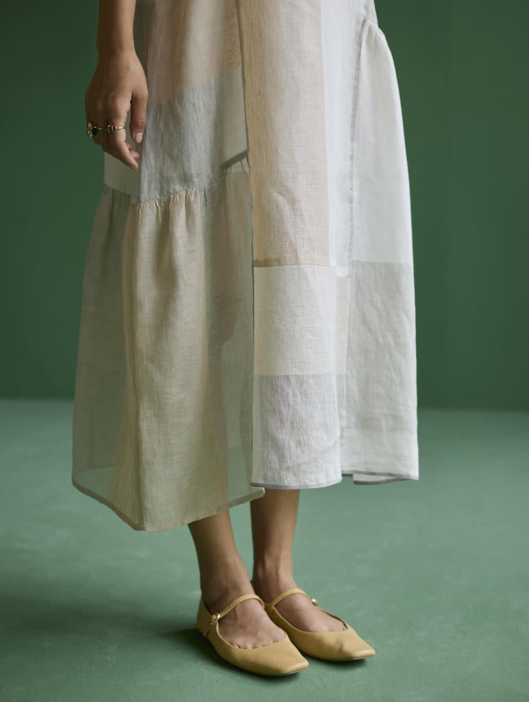 Nura Metallic Linen Paneled Dress - Ivory linen by Manan in ivory color for women Worldwide