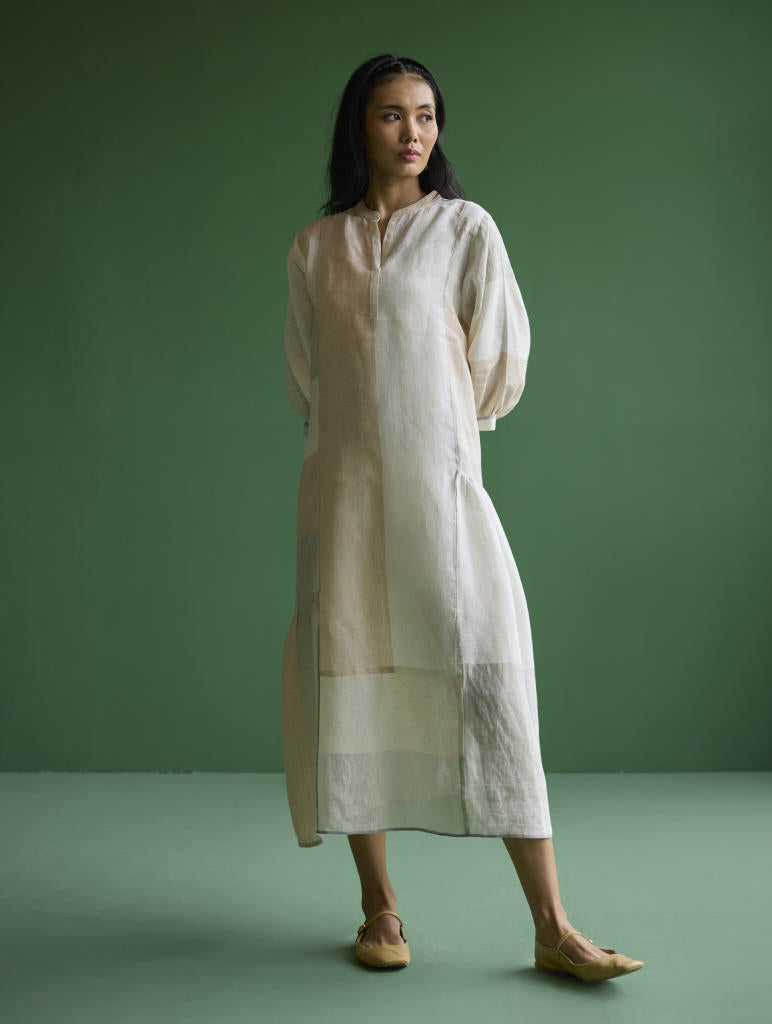 Nura Metallic Linen Paneled Dress - Ivory linen by Manan in ivory color for women Worldwide