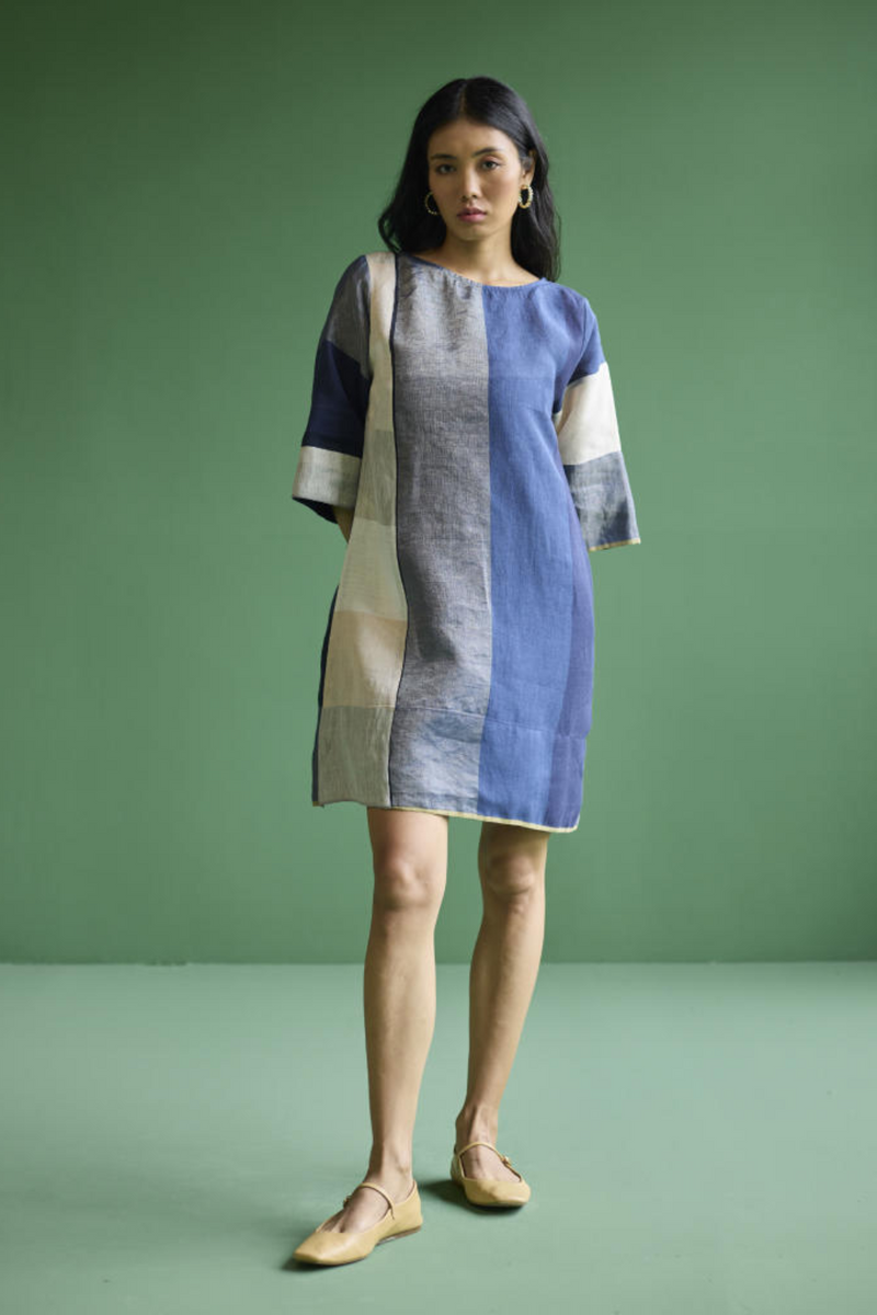 Lina Color-Blocked Linen Dress -
 Navy linen by Manan in navy color for women Worldwide