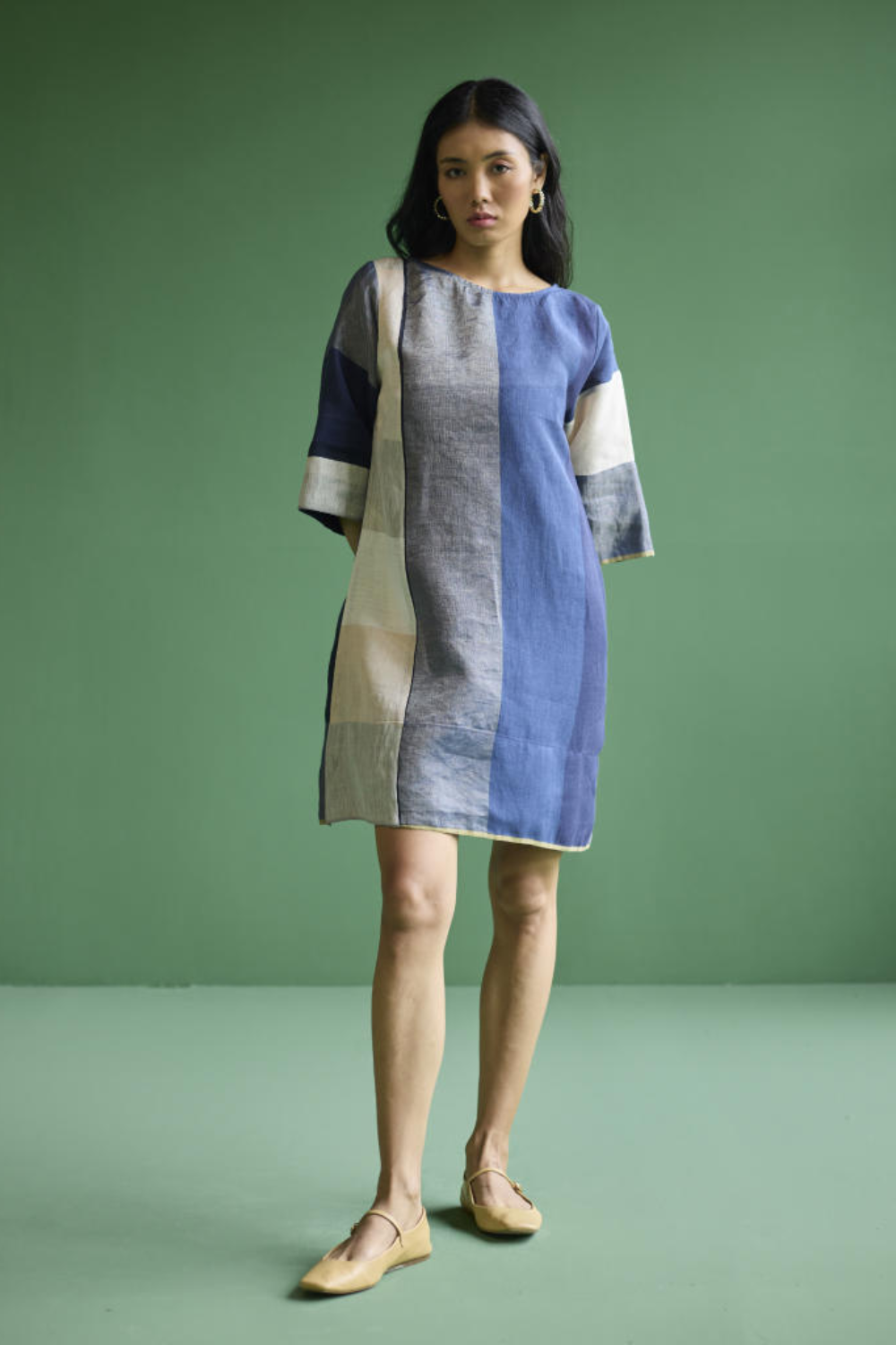 Lina Color-Blocked Linen Dress -
 Navy