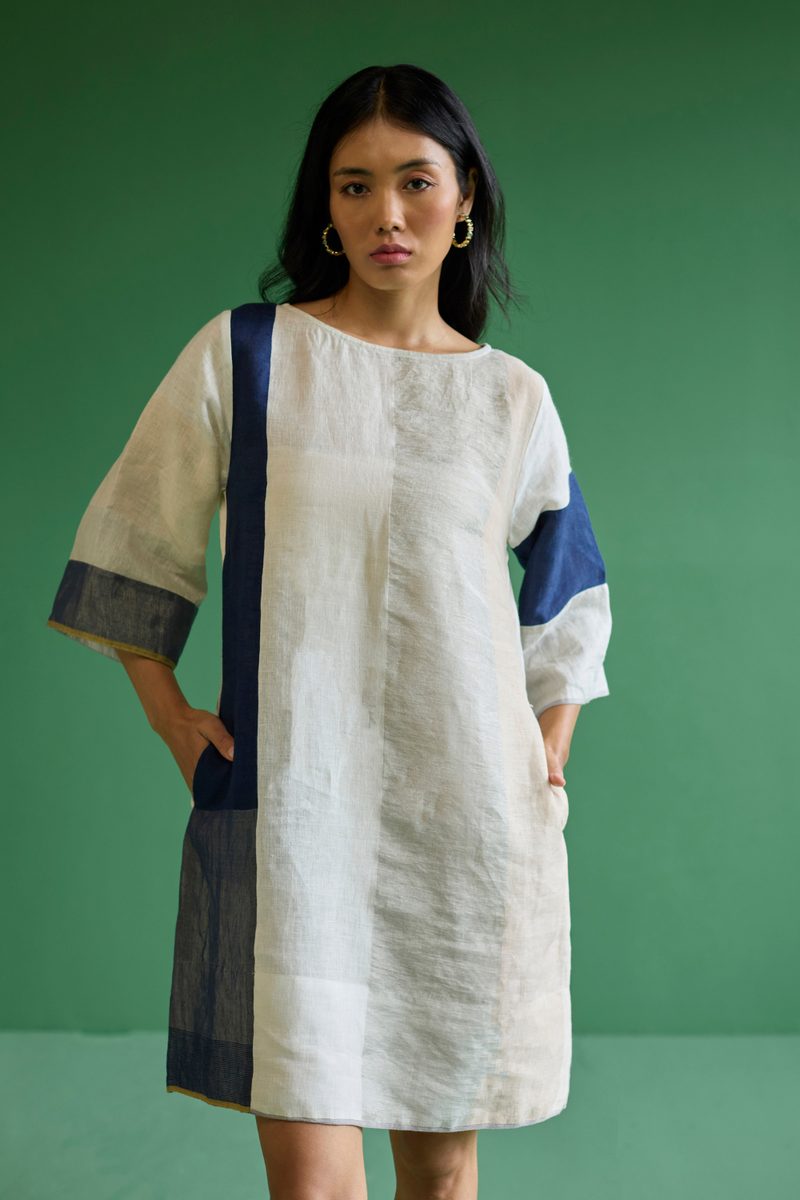 Lina Color-Blocked Linen Dress -
 Ivory linen by Manan in ivory color for women Worldwide