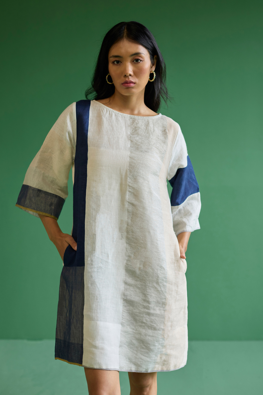 Lina Color-Blocked Linen Dress -
 Ivory