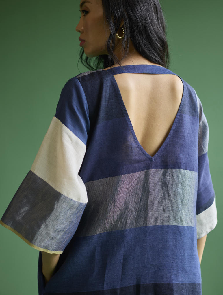 Lina Color-Blocked Linen Dress -
 Navy linen by Manan in navy color for women Worldwide
