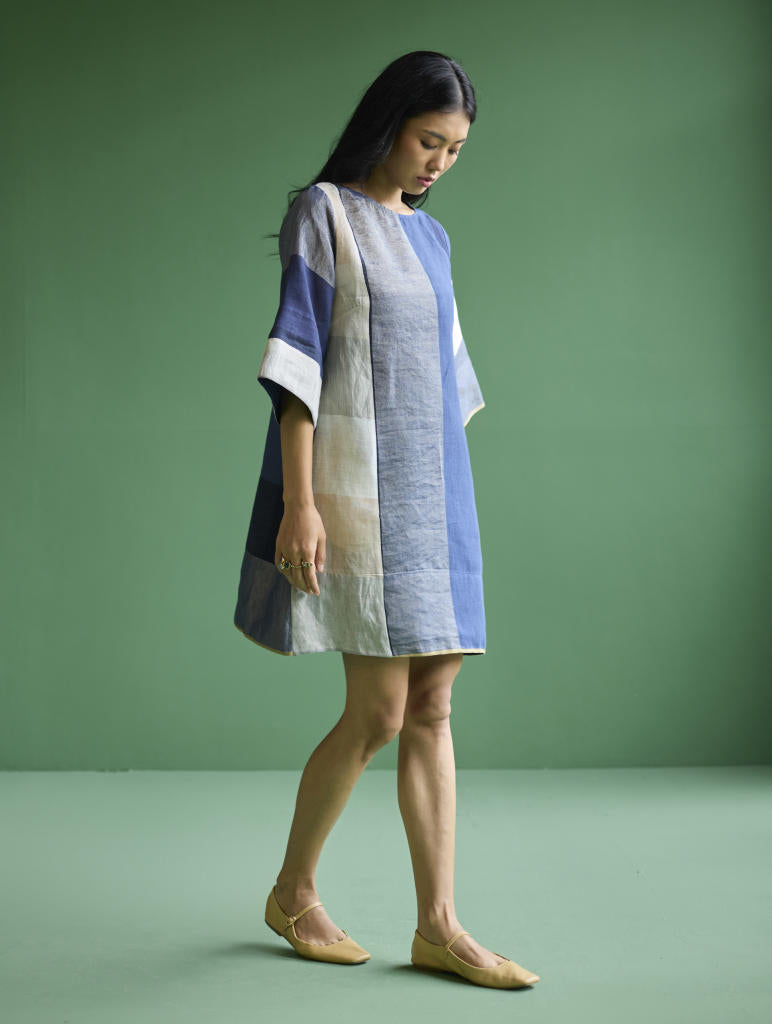 Lina Color-Blocked Linen Dress -
 Navy linen by Manan in navy color for women Worldwide