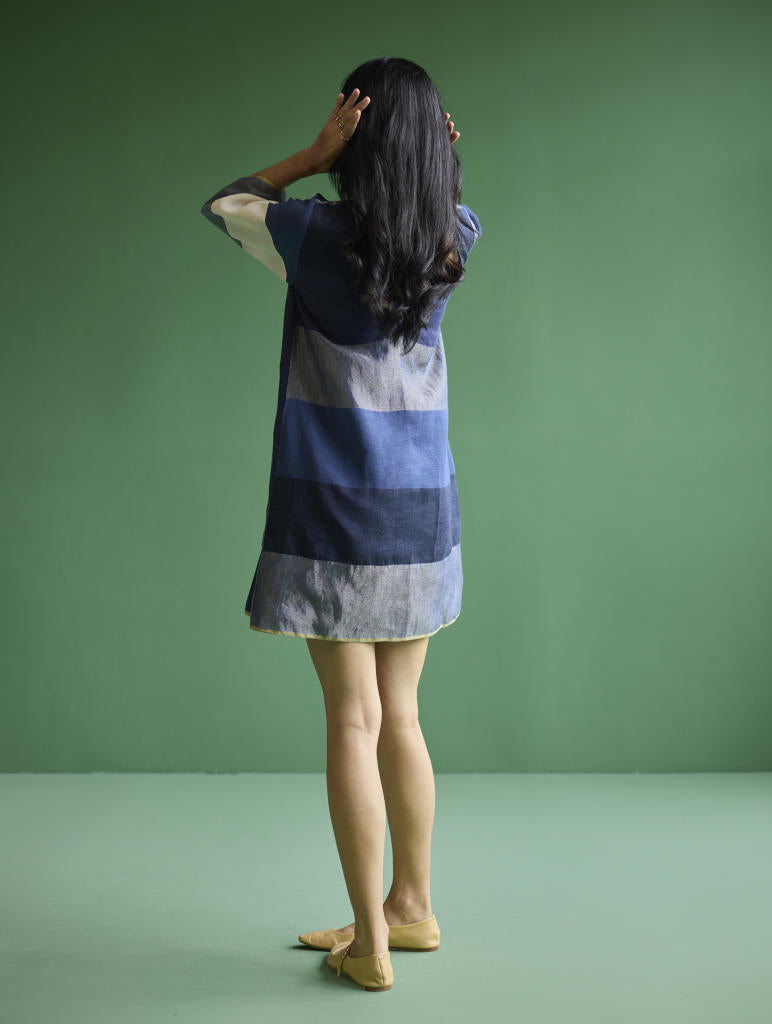 Lina Color-Blocked Linen Dress -
 Navy linen by Manan in navy color for women Worldwide