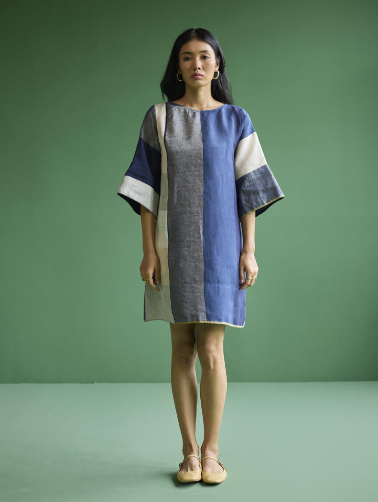 Lina Color-Blocked Linen Dress -
 Navy linen by Manan in navy color for women Worldwide