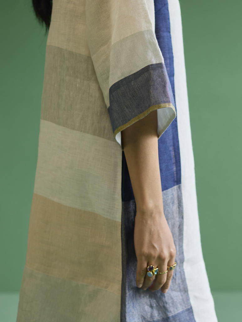 Lina Color-Blocked Linen Dress -
 Ivory linen by Manan in ivory color for women Worldwide