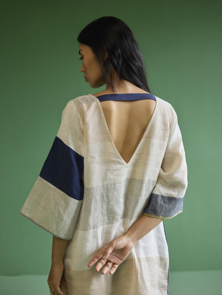 Lina Color-Blocked Linen Dress -
 Ivory linen by Manan in ivory color for women Worldwide