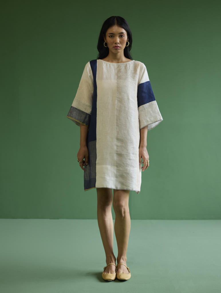 Lina Color-Blocked Linen Dress -
 Ivory