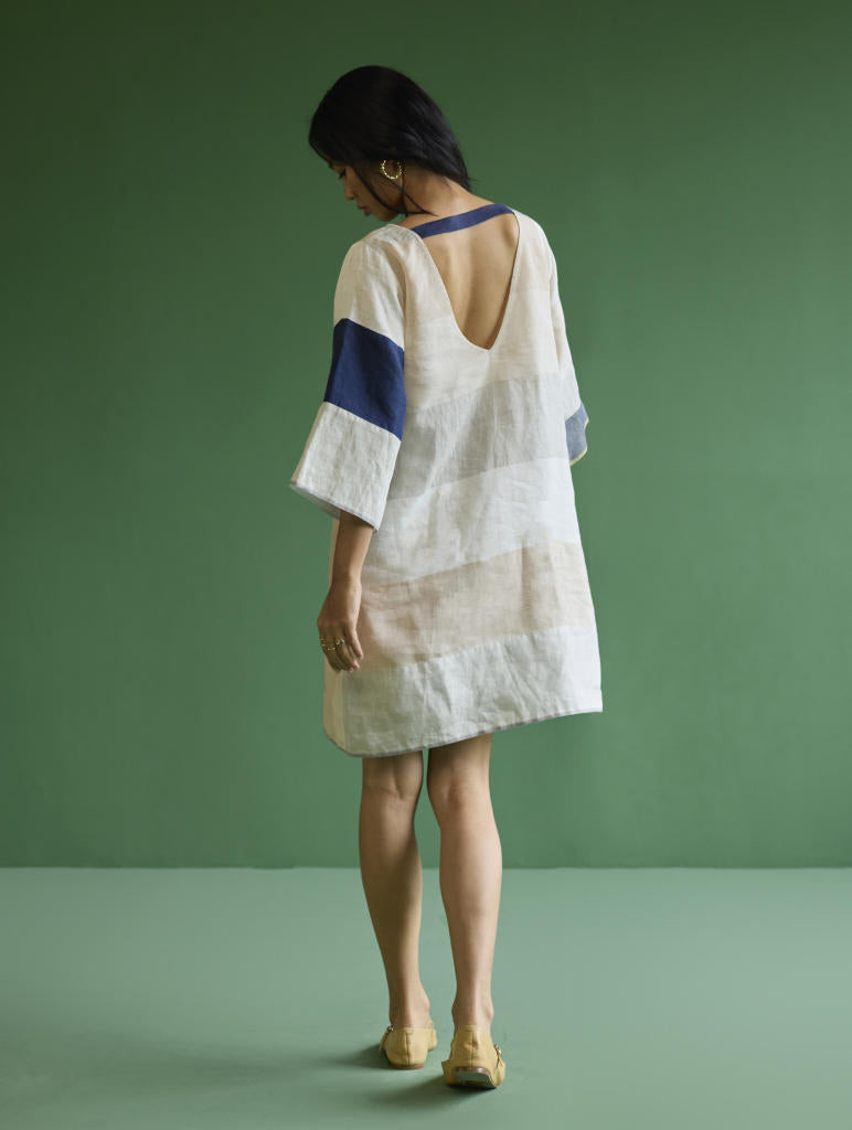 Lina Color-Blocked Linen Dress -
 Ivory linen by Manan in ivory color for women Worldwide
