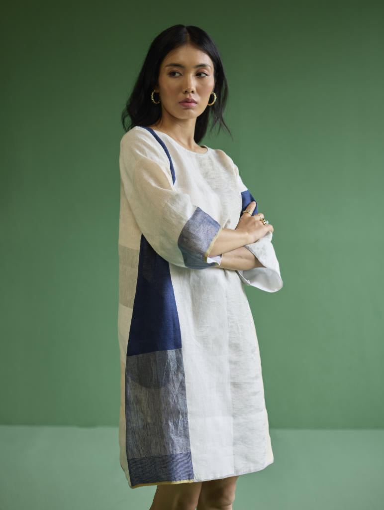 Lina Color-Blocked Linen Dress -
 Ivory