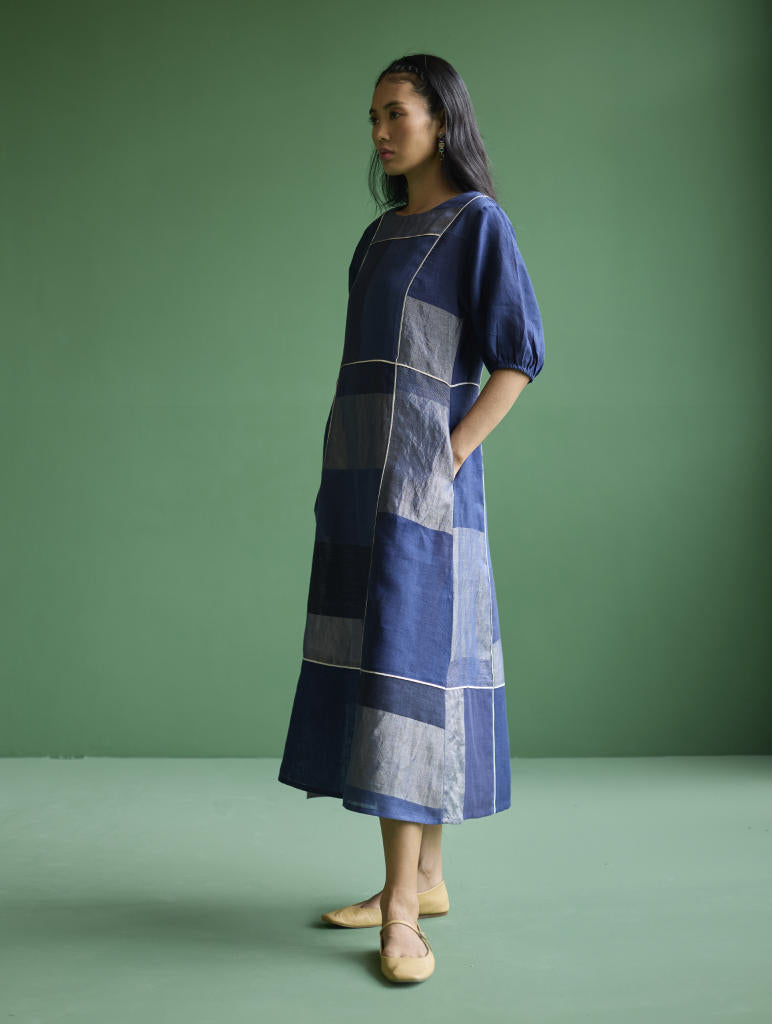 Sehr Metallic Linen Piping Dress - Navy linen by Manan in navy color for women Worldwide