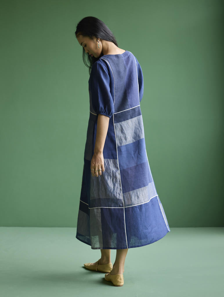Sehr Metallic Linen Piping Dress - Navy linen by Manan in navy color for women Worldwide