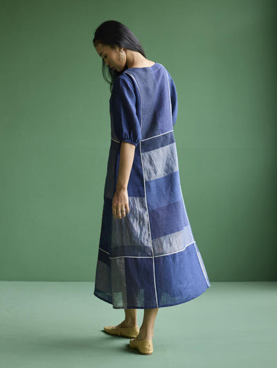 Sehr Metallic Linen Piping Dress - Navy