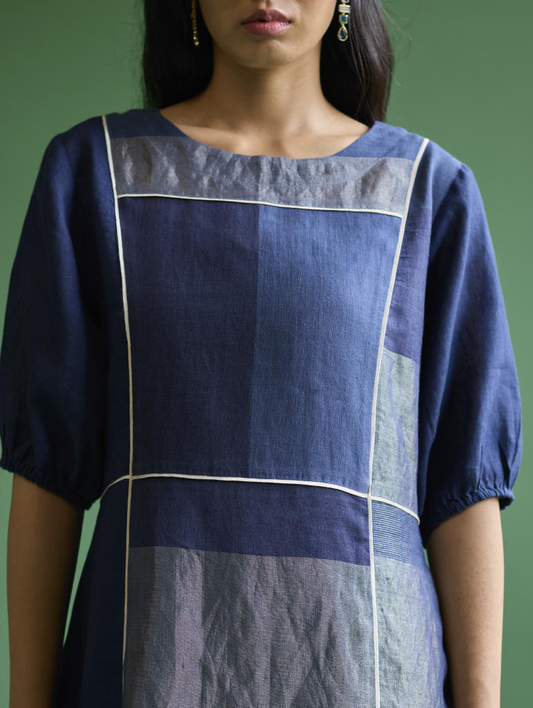 Sehr Metallic Linen Piping Dress - Navy linen by Manan in navy color for women Worldwide