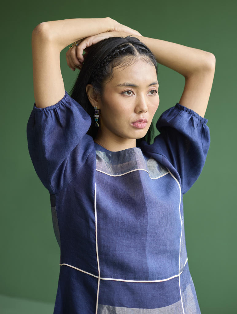 Sehr Metallic Linen Piping Dress - Navy linen by Manan in navy color for women Worldwide
