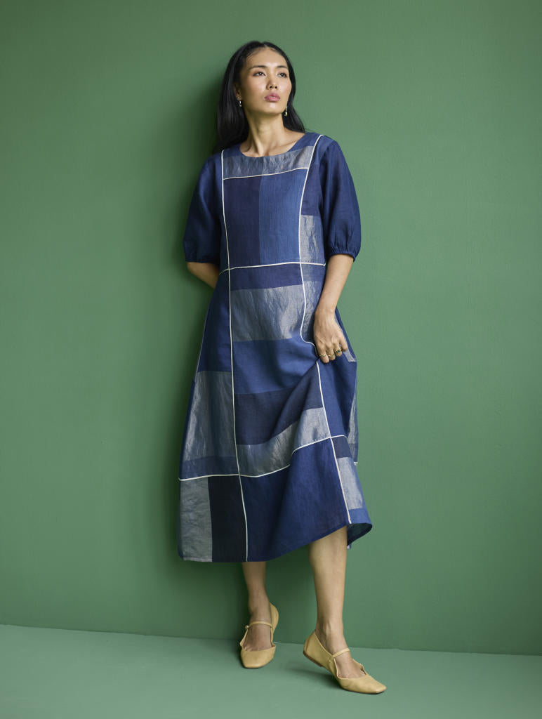 Sehr Metallic Linen Piping Dress - Navy linen by Manan in navy color for women Worldwide