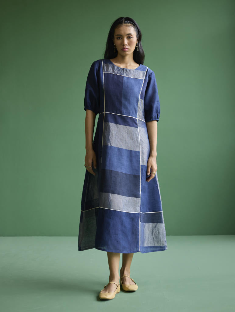 Sehr Metallic Linen Piping Dress - Navy linen by Manan in navy color for women Worldwide