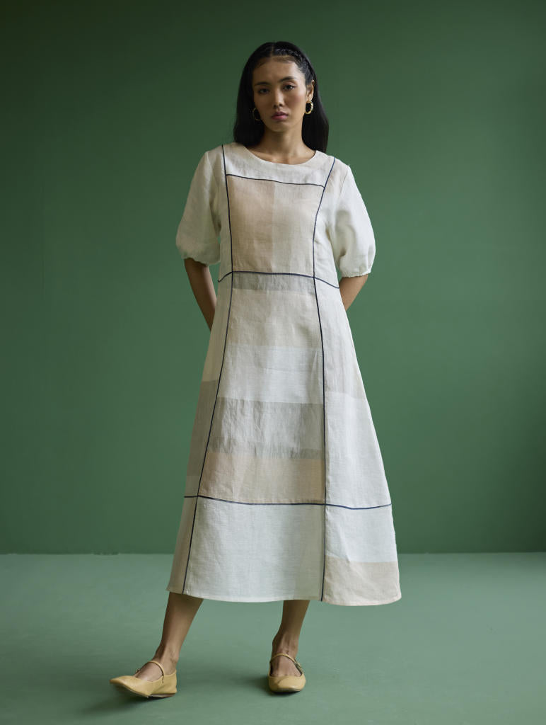 Sehr Metallic Linen Piping Dress - Ivory linen by Manan in ivory color for women Worldwide