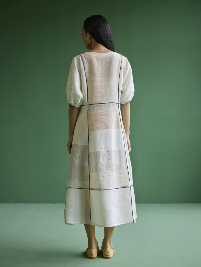 Sehr Metallic Linen Piping Dress - Ivory linen by Manan in ivory color for women Worldwide
