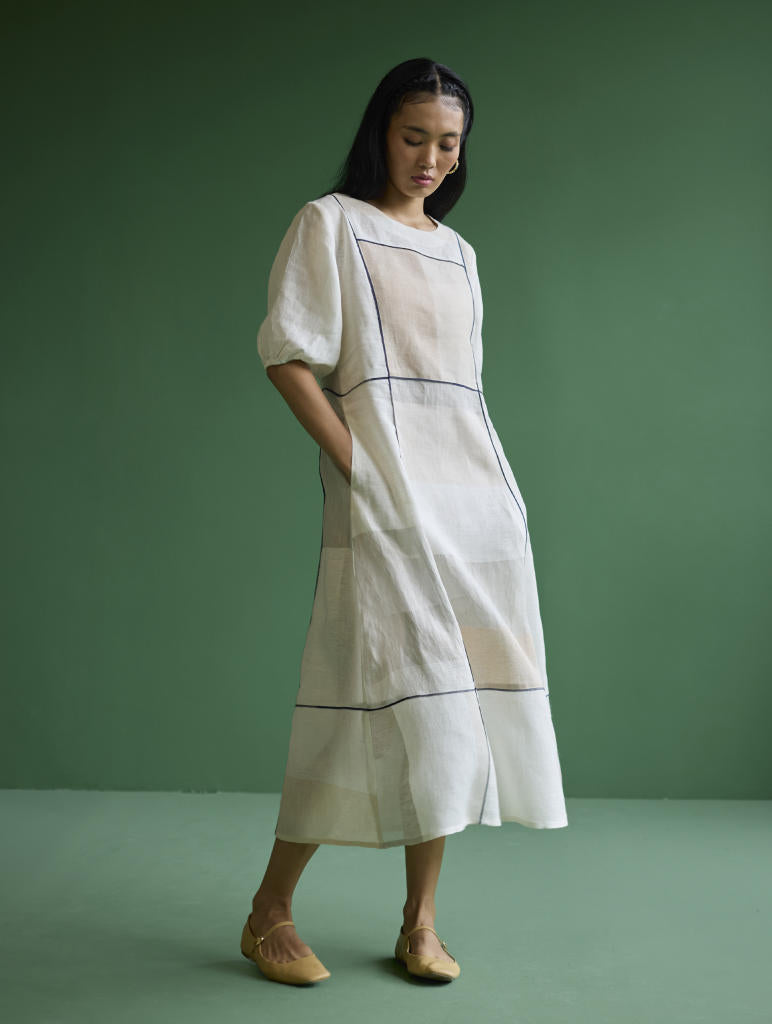 Sehr Metallic Linen Piping Dress - Ivory linen by Manan in ivory color for women Worldwide